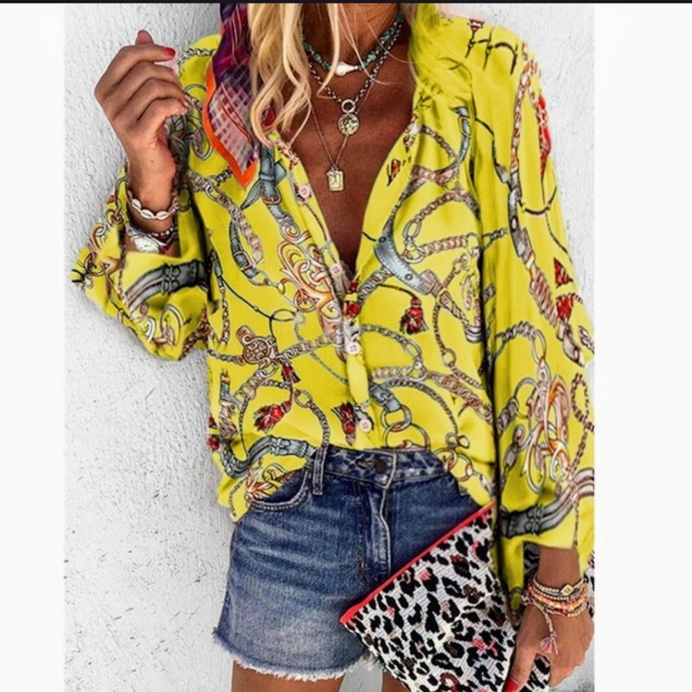 ⚡️ Womens Fall Button Down Floral Blouse Long Sleeve Collar V Neck Tunic Tops